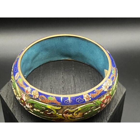 VTG ATQ Chinese Export Cloisonné Enamel Orchid Flower Bracelet Lapis Blue Green - Picture 9 of 9